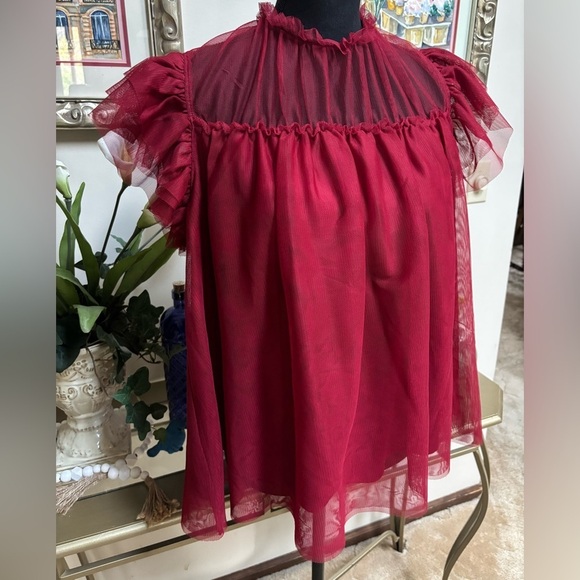 ON 34TH RED RUFFLE TULLE SHEER BABY DOLL FLUTTER SLEEVE DRESSY TOP/BLOUSE SZ 0X - Picture 4 of 13